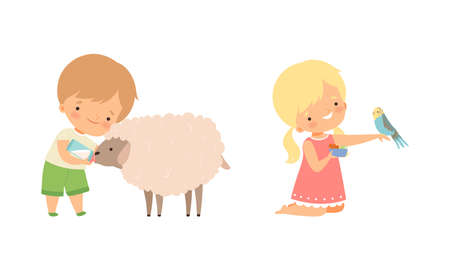 Cute Little Boy and Girl Interacting with Animal in Petting Zoo Vector Setのイラスト素材