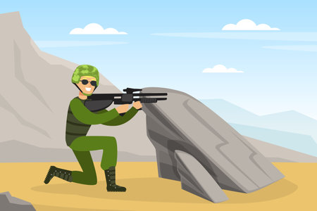 Man as Military Special Force in Uniform and Rifle in Aiming Pose Vector Illustrationのイラスト素材