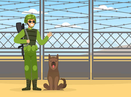 Man as Military Special Force in Uniform and Rifle Standing with Shepherd Dog Vector Illustrationのイラスト素材