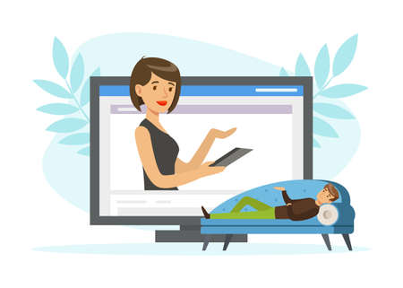 Online Appointment with Psychologist with Man on Couch Telling about His Problem Vector Illustrationのイラスト素材