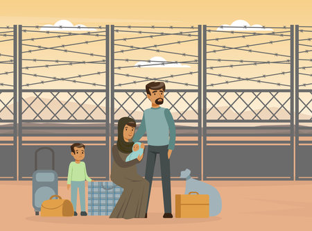 Refugee and Asylum Seeker with Displaced Young Family Needed Help and Home Vector Illustrationのイラスト素材