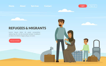 Refugee and Asylum Seeker with Displaced Family Needed Help and Home Vector Templateのイラスト素材