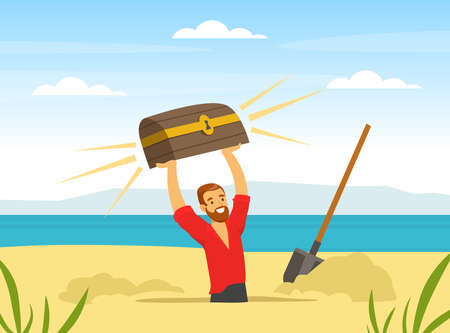 Man Treasure Hunter Finding Chest with Precious Jewel Vector Illustrationのイラスト素材