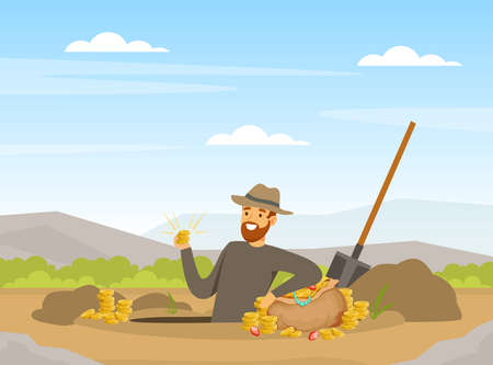 Bearded Man Treasure Hunter Finding Sack with Precious Jewel Vector Illustrationのイラスト素材
