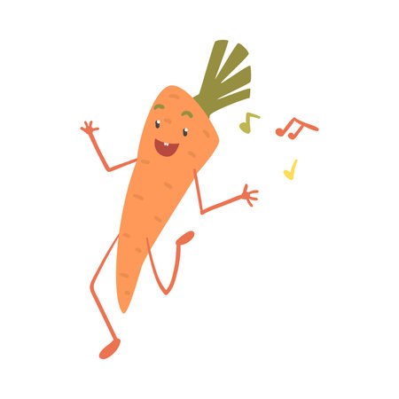 Funny Orange Carrot Character Dancing Moving Hand and Legs Vector Illustrationのイラスト素材