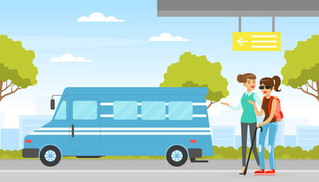 Young Blind Woman with Stick Walking Along the Street Having Volunteer Support Vector Illustrationのイラスト素材