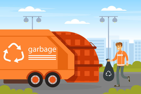 Man Waste Collector or Garbageman in Orange Uniform Collecting Municipal Solid Waste and Recyclables in Garbage Truck Vector Illustrationのイラスト素材