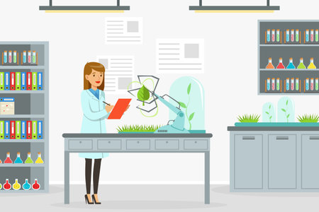 Artificial Intelligence Development with Woman Scientist Character Engaged in Robot and Machine Research Vector Illustrationのイラスト素材