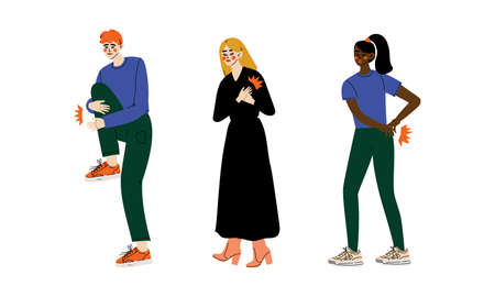 People Character Suffering from Pain in Back and Heart Vector Illustration Set