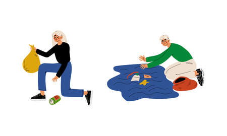 Young Man and Woman Volunteer Collecting Trash in Bags Cleaning Environment Vector Setのイラスト素材