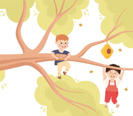 Happy Boy Hanging on Tree Branch Near Beehive Having Fun Enjoying Summer Vector Illustrationのイラスト素材