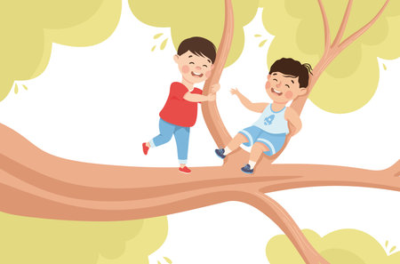 Happy Boy on Tree Branch Having Fun Enjoying Summer Vector Illustrationのイラスト素材