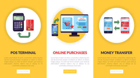 Payment and Money Transfer with Point of Sale Terminal and Plastic Card Vector Templateのイラスト素材