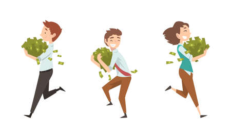 Rich Man and Woman Character with Pile of Cash and Bills Vector Setのイラスト素材