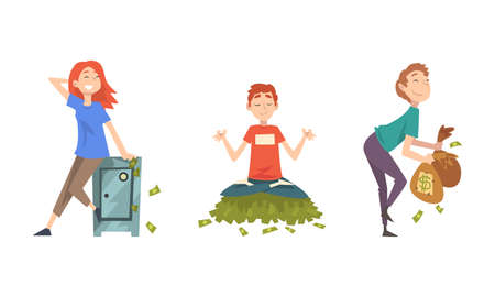 Rich Man and Woman Character with Pile of Cash and Bills Vector Setのイラスト素材