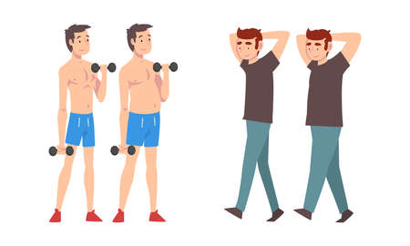 Fat and Slim Man Before and After Weight Loss Vector Setのイラスト素材
