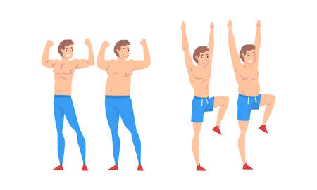 Fat and Slim Man Before and After Weight Loss Vector Setのイラスト素材