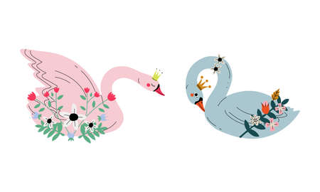 Beautiful Swan Princess with Golden Crown and Flower Decoration Vector Setのイラスト素材