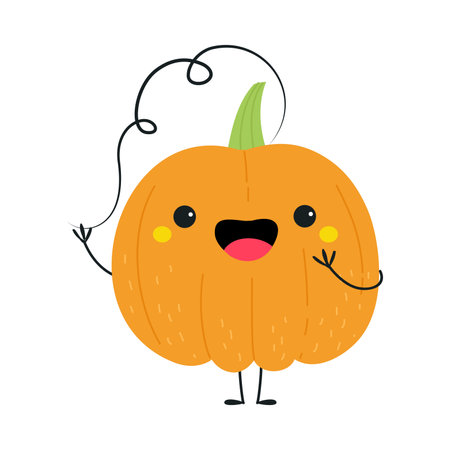 Funny Orange Pumpkin Vegetable Character with Smiling Face and Arm Vector Illustrationのイラスト素材