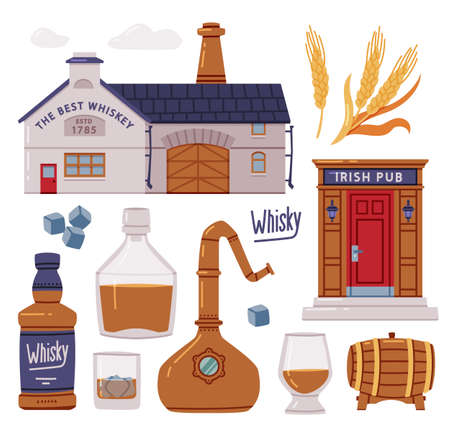 Whiskey Production Process with Irish Pub, Distillation, and Glass Bottles with Strong Spirit Vector Setのイラスト素材