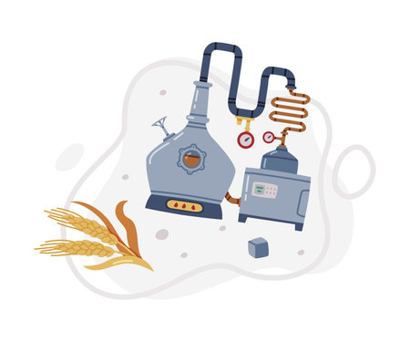 Whiskey Drink in Pot Still and Barley Spikelet Vector Compositionのイラスト素材