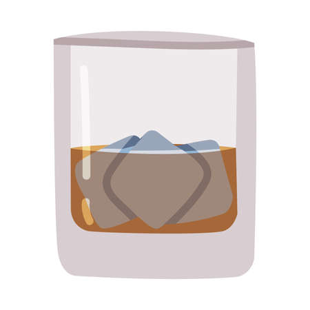 Whisky or Whiskey Poured in Glass with Ice Cube Vector Illustrationのイラスト素材