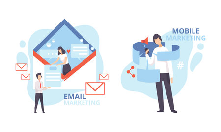 People Character Engaged in Digital Marketing in Social Network and Online Media Vector Setのイラスト素材