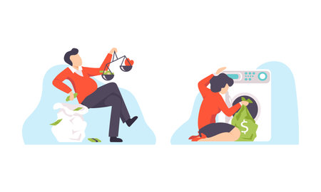Entrusted People Character Engaged in Corruption Gaining Dishonest Money Hiding Them in Washing Machine Vector Setのイラスト素材