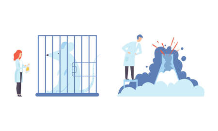 Man and Woman Research Scientist in Laboratory Coat Conducting Experiment with Chemical in Flask and Rat in Cage Vector Setのイラスト素材