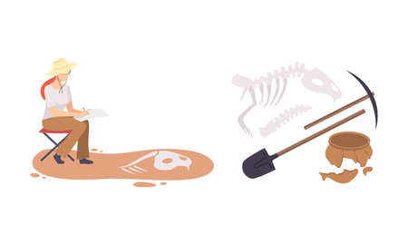 Woman Archaeologist with Pickaxe Searching for Material Remains Vector Setのイラスト素材