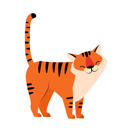 Standing Striped Tiger with Orange Fur and Upward Tail Vector Illustrationのイラスト素材