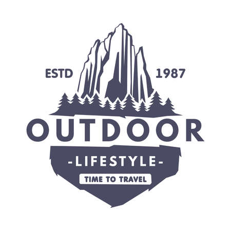 Outdoor Adventure and Hiking Tourism icon with Black Forest and Mountain Silhouette Vector Templateのイラスト素材
