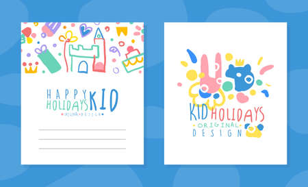 Fun and Holiday Bright Banner with Doodle Cake and Elements Vector Hand Drawn Templateのイラスト素材