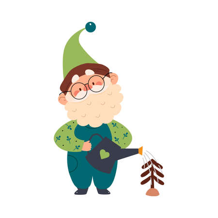 Cute Gnome Character with Beard in Pointy Hat Watering Tree Vector Illustration.のイラスト素材