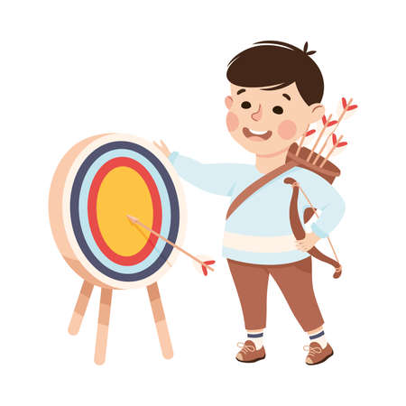 Cute Little Boy with Bow and Arrows Doing Archery Practicing Sport and Physical Activity Vector Illustrationのイラスト素材