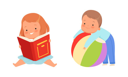 Baby Boy Playing with Ball and Girl Reading Book Vector Setのイラスト素材