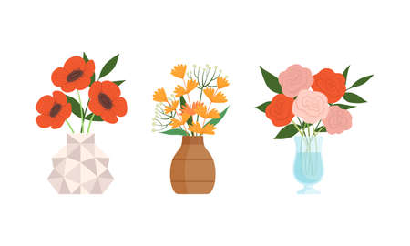 Flower Bouquet and Bunch Rested in Ceramic Vase as Home Interior Decor Vector Setのイラスト素材