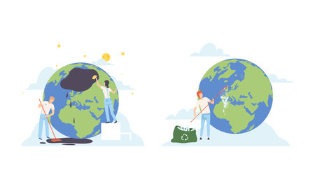 People Character Cleaning Earth Planet with Wipe and Collecting Plastic Bottle in Net Taking Care of Ecology and Environment Vector Illustration Setのイラスト素材