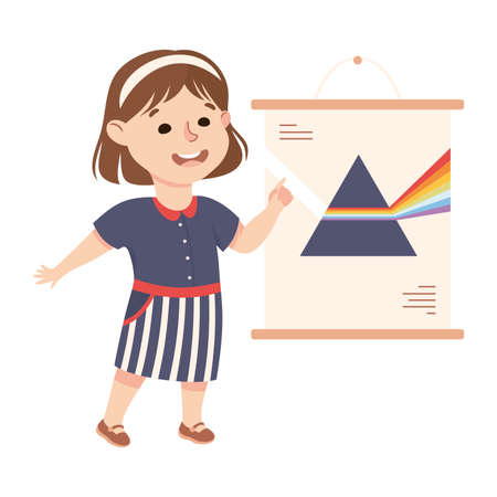 Little Girl Working on Physics Science Experiment with Ray Bending Vector Illustrationのイラスト素材