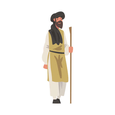 Arab Bearded Man Walking in Traditional Muslim Dress and Long Flowing Garment with Cane Vector Illustrationのイラスト素材