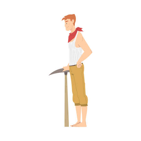 Man Archaeologist with Pickaxe Working on Excavations in Search of Archaeological Remains Vector Illustrationのイラスト素材