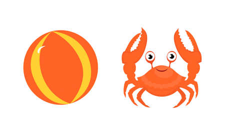 Inflatable Beach Ball and Red Crab with Claws Vector Setのイラスト素材