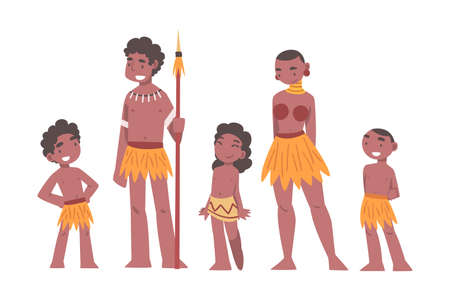 African Aboriginal Family with Father, Mother and Kids Dressed in Traditional Tribal Clothing Vector Illustrationのイラスト素材