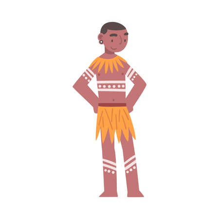Barefoot African Aboriginal Man Character Dressed in Traditional Tribal Clothing Vector Illustrationのイラスト素材
