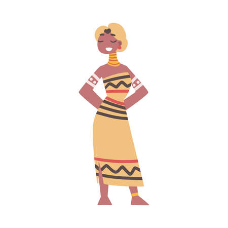 Barefoot African Aboriginal Woman Character Dressed in Traditional Tribal Clothing Vector Illustrationのイラスト素材