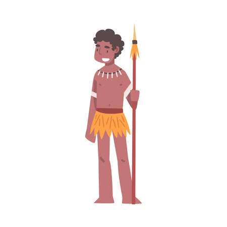 Barefoot African Aboriginal Man Character Dressed in Traditional Tribal Clothing Holding Spear Vector Illustrationのイラスト素材