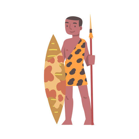 Barefoot African Aboriginal Man Character Dressed in Traditional Tribal Clothing with Spear and Shield Vector Illustrationのイラスト素材