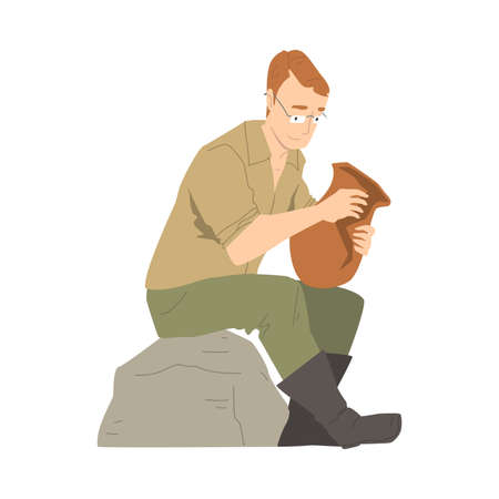 Man Archaeologist Sitting on Rock with Ancient Amphora Working on Excavations in Search of Archaeological Remains Vector Illustrationのイラスト素材
