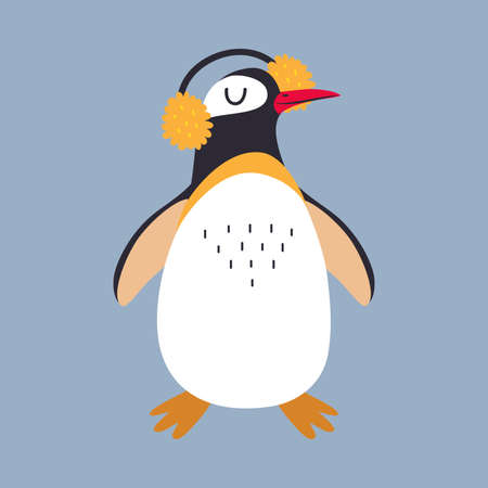 Cute Penguin as Arctic Animal in Warm Earmuffs Vector Illustrationのイラスト素材