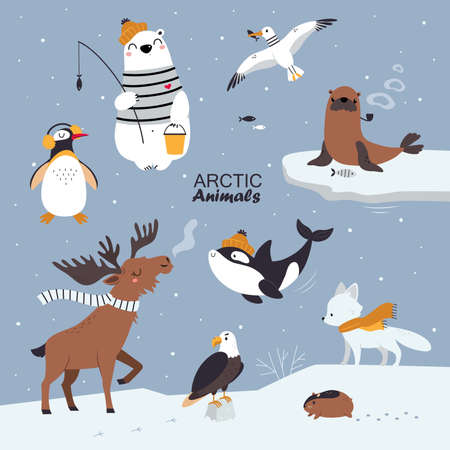 Arctic Animal with Penguin in Earmuffs and Polar Bear in Warm Knitted Hat with Fishing Rod Vector Illustrationのイラスト素材